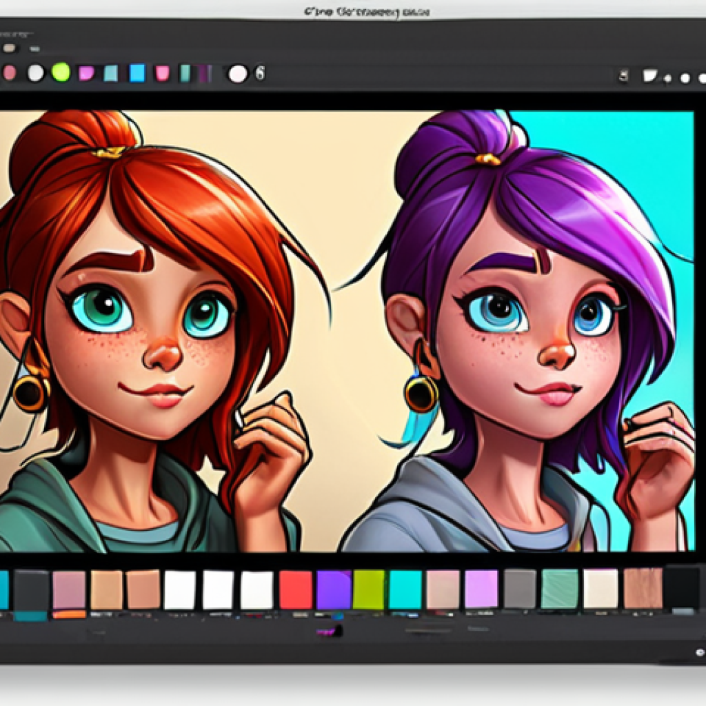 **

Prompt: "Cartoon character design workspace, Krita software open on a computer screen, digital art tablet, vibrant colors, character sketch in progress, inspiration board with character references, stylized, digital painting."

**