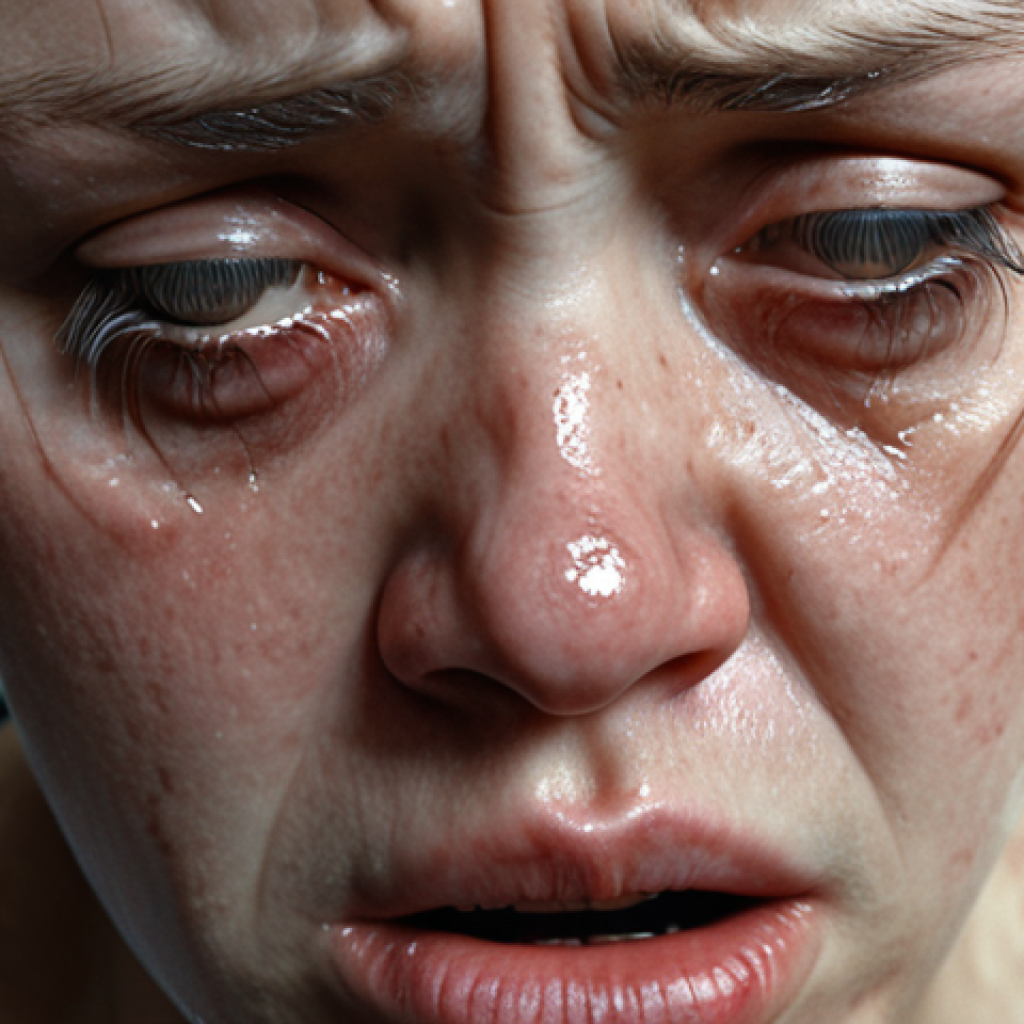 ** A character displaying a devastated expression. Close-up on the face, focusing on details like teary eyes, a downturned, trembling mouth, and slumped shoulders in the background to emphasize the weight of the emotion.

**