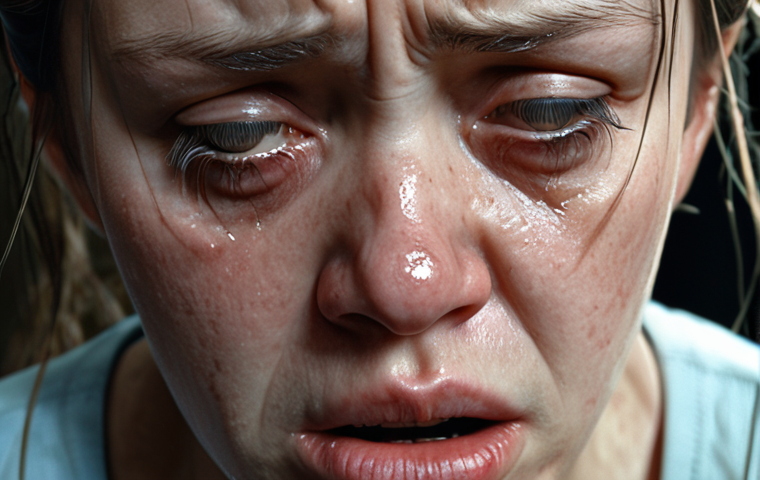 ** A character displaying a devastated expression. Close-up on the face, focusing on details like teary eyes, a downturned, trembling mouth, and slumped shoulders in the background to emphasize the weight of the emotion.
**