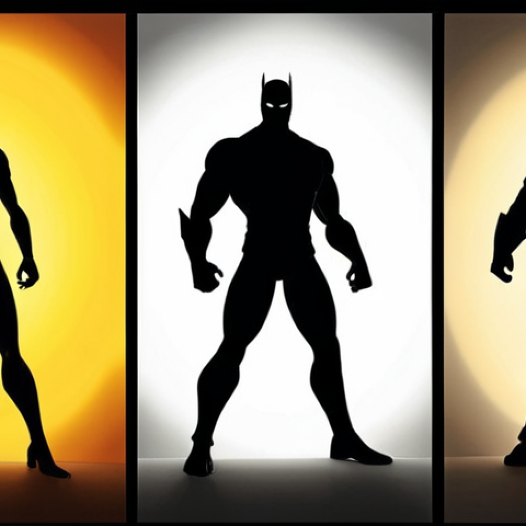 **

A character design illustration showcasing the power of silhouette. The image should feature three distinct character silhouettes against a brightly lit background. Each silhouette should clearly convey a different personality or archetype (e.g., hero, villain, comedic relief) solely through its shape and pose.  Emphasis on clear, strong, and memorable silhouettes.

**