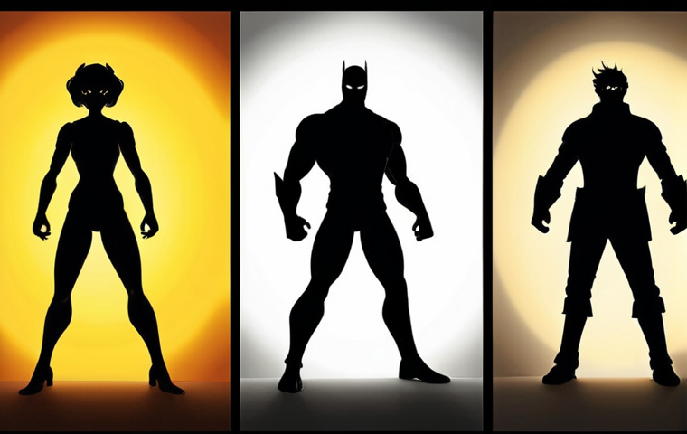 **
A character design illustration showcasing the power of silhouette. The image should feature three distinct character silhouettes against a brightly lit background. Each silhouette should clearly convey a different personality or archetype (e.g., hero, villain, comedic relief) solely through its shape and pose. Emphasis on clear, strong, and memorable silhouettes.
**