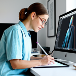 A professional character designer, fully clothed in a modest, contemporary artist's smock and practical trousers, seated at a sleek digital art workstation in a brightly lit, organized studio space. They are deeply focused on a large drawing tablet, with a high-resolution monitor displaying a character concept art. The studio features art supplies neatly arranged on shelves in the background, hinting at a creative and productive environment. The artist has perfect anatomy, correct proportions, well-formed hands, and a natural pose. The image emphasizes the creative process and dedication to fundamentals. Safe for work, appropriate content, professional dress, family-friendly.