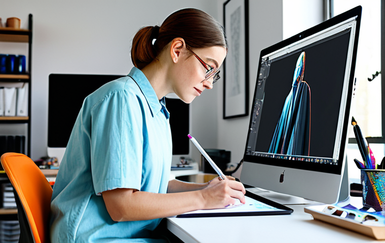 A professional character designer, fully clothed in a modest, contemporary artist's smock and practical trousers, seated at a sleek digital art workstation in a brightly lit, organized studio space. They are deeply focused on a large drawing tablet, with a high-resolution monitor displaying a character concept art. The studio features art supplies neatly arranged on shelves in the background, hinting at a creative and productive environment. The artist has perfect anatomy, correct proportions, well-formed hands, and a natural pose. The image emphasizes the creative process and dedication to fundamentals. Safe for work, appropriate content, professional dress, family-friendly.