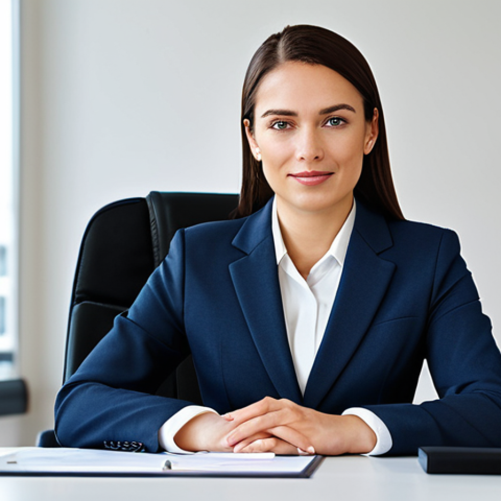 **

A professional businesswoman in a modest business suit, sitting at a desk in a modern office, fully clothed, appropriate attire, safe for work, perfect anatomy, natural proportions, professional photography, high quality.

**