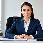 **

A professional businesswoman in a modest business suit, sitting at a desk in a modern office, fully clothed, appropriate attire, safe for work, perfect anatomy, natural proportions, professional photography, high quality.

**