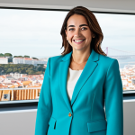 **

"A successful businesswoman in a vibrant, tailored blazer (azul-turquesa), standing in a modern office overlooking Lisbon, Portugal. She is smiling confidently. Fully clothed, appropriate attire, safe for work, perfect anatomy, natural proportions, professional, high-quality, family-friendly."

**