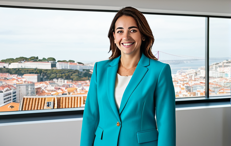**
"A successful businesswoman in a vibrant, tailored blazer (azul-turquesa), standing in a modern office overlooking Lisbon, Portugal. She is smiling confidently. Fully clothed, appropriate attire, safe for work, perfect anatomy, natural proportions, professional, high-quality, family-friendly."
**