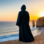 **

"A lone, cloaked figure stands silhouetted against a vibrant sunset over the Algarve coast. The figure is fully clothed in modest, flowing robes, appropriate for a traveler. The setting features dramatic cliffs and the Atlantic Ocean. Perfect anatomy, correct proportions, natural pose, safe for work, appropriate content, fully clothed, professional."

**