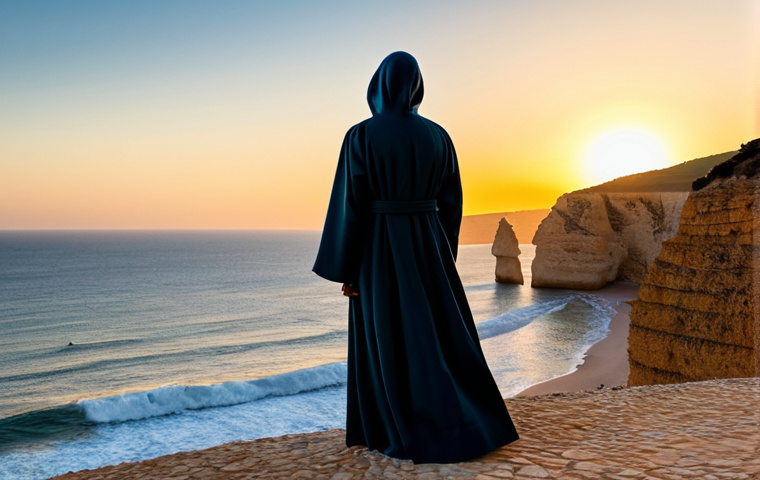 **

"A lone, cloaked figure stands silhouetted against a vibrant sunset over the Algarve coast. The figure is fully clothed in modest, flowing robes, appropriate for a traveler. The setting features dramatic cliffs and the Atlantic Ocean. Perfect anatomy, correct proportions, natural pose, safe for work, appropriate content, fully clothed, professional."

**