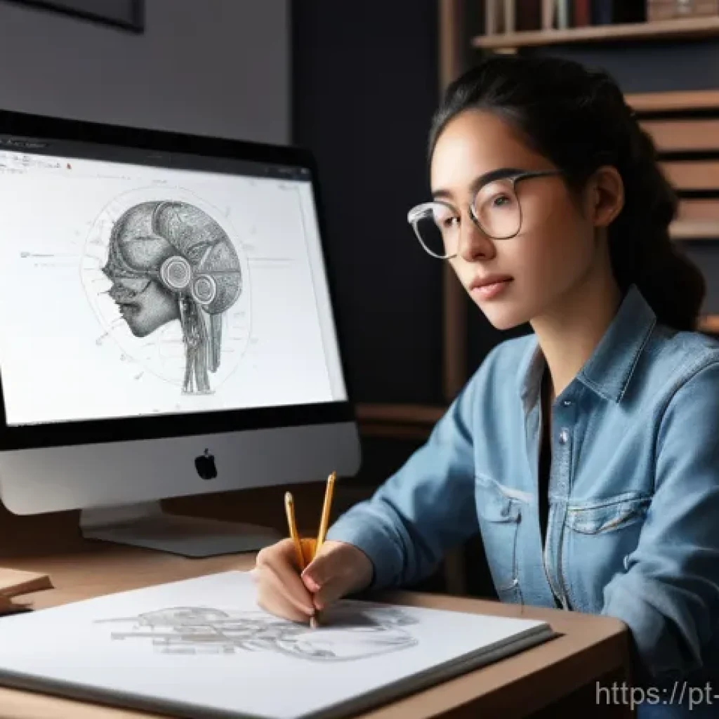 캐릭터디자이너로서의 자기계발 성공 사례 - **Prompt:** A young, determined character designer, dressed in smart casual attire, sits at a modern...