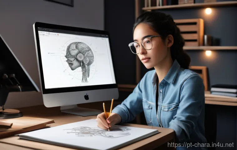 캐릭터디자이너로서의 자기계발 성공 사례 - **Prompt:** A young, determined character designer, dressed in smart casual attire, sits at a modern...