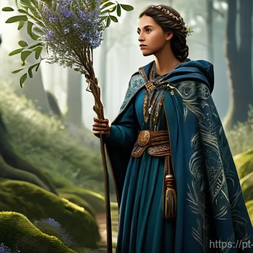 캐릭터디자인으로 전환 가능한 다른 직무 - **Prompt:** A noble female guardian inspired by Portuguese folklore, standing in a mystical, ancient...