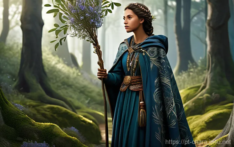 캐릭터디자인으로 전환 가능한 다른 직무 - **Prompt:** A noble female guardian inspired by Portuguese folklore, standing in a mystical, ancient...