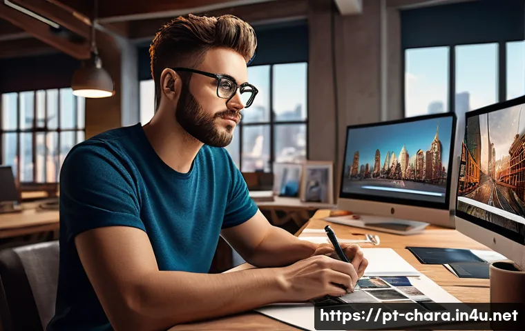 캐릭터디자이너로서 시장 가치를 높이는 법 - A professional digital artist in a modern creative studio, focused on mastering character design usi...