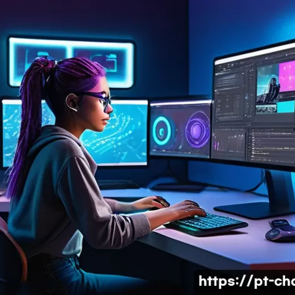 캐릭터디자인 직무에서 성장하기 위한 계획 - A futuristic digital artist workspace showcasing a diverse character design process, featuring a you...