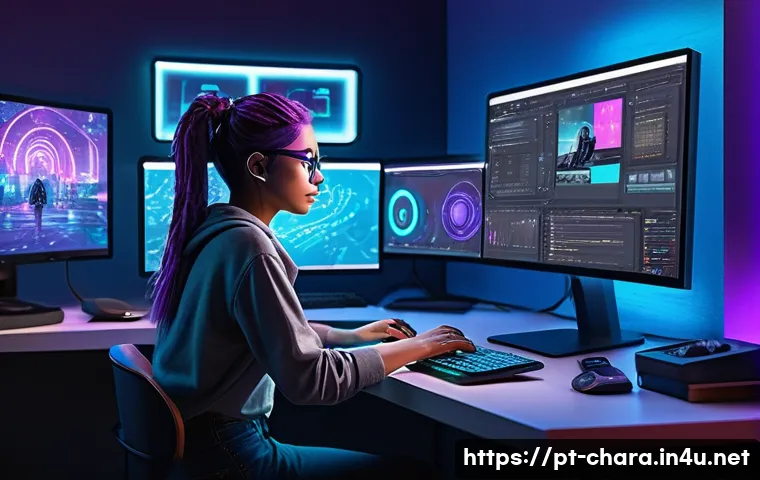 캐릭터디자인 직무에서 성장하기 위한 계획 - A futuristic digital artist workspace showcasing a diverse character design process, featuring a you...
