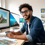Home 18 캐릭터디자인 자격증과 학위 프로그램의 차이 - A young adult character designer in a modern Brazilian university art studio, surrounded by sketches...