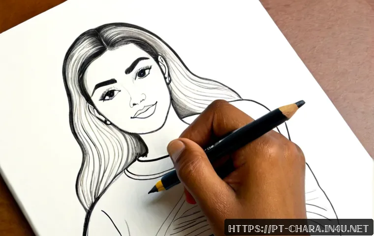 캐릭터디자인에서 선과 형태 연습법 - Photorealistic overhead view of a Portuguese-speaking character design student at a clean sunlit des...
